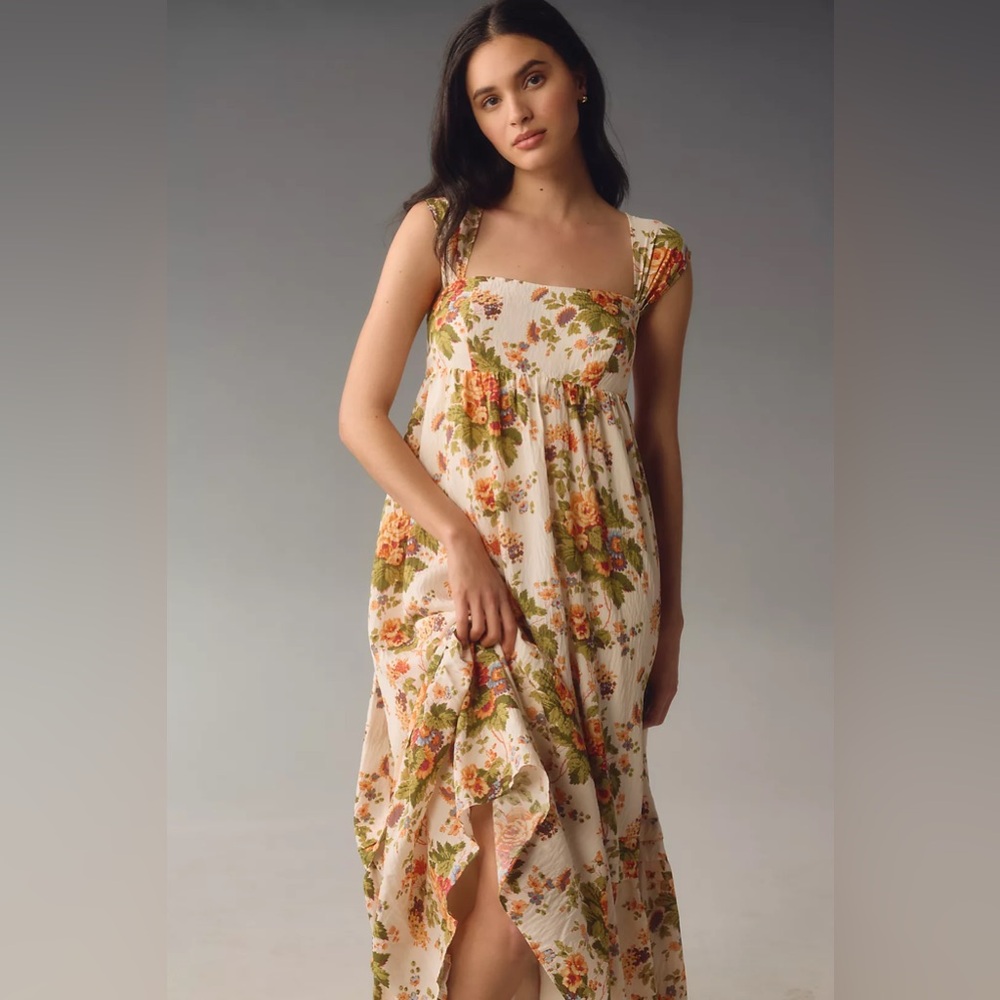 Anthropologie orange motif Sleeveless Square-Neck Maxi Dress XS Petite